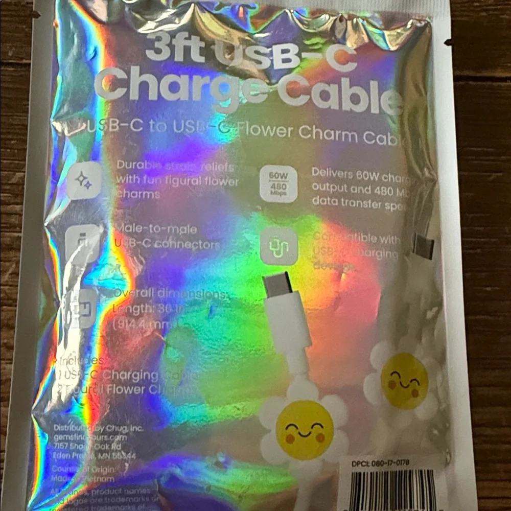 5/$25 White USB-C Charge Cable with Flower Charm
